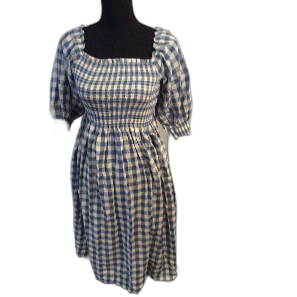 Blue Gingham Smocked Dress with Puffed Sleeves Cotton XS Farm Cottagecore pocket